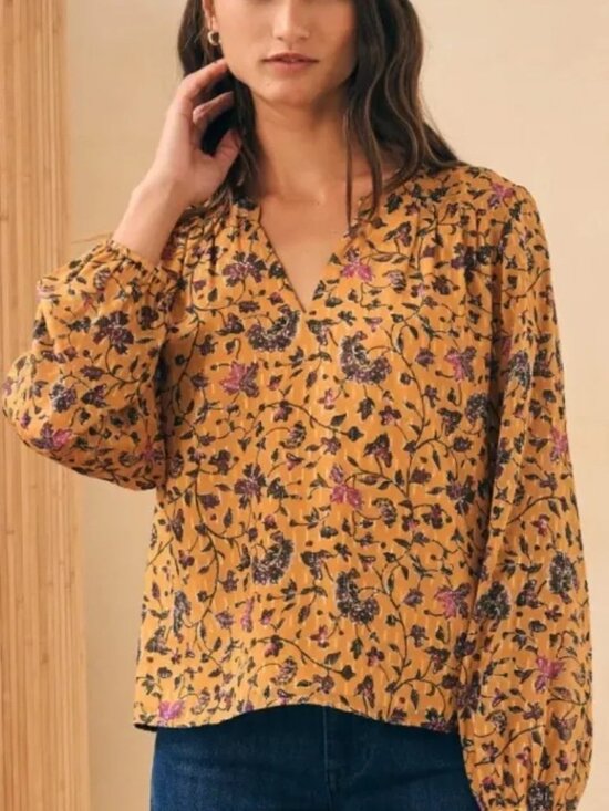 Faherty Tops - Faherty Silk Cotton Blend Floral Print Long Sleeve V-Neck Blouse Boho Summer